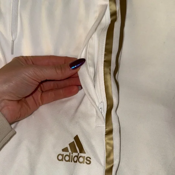 Adidas White Track Pants with Gold Stripes - Picture 3 of 4